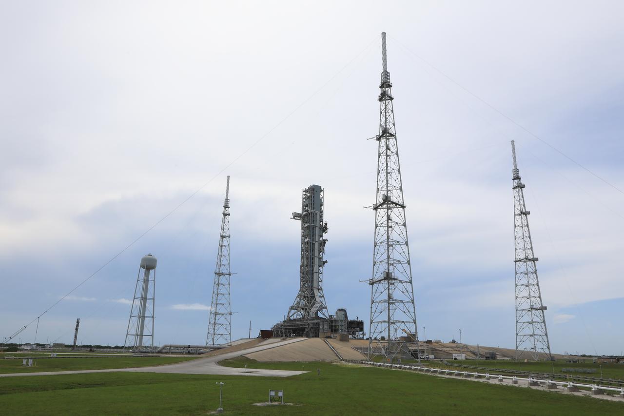After successfully arriving at Kennedy Space Center’s Launch Complex 39B, Exploration Ground Systems’ mobile launcher is photographed at the pad surface on June 28, 2019. The mobile launcher began its final solo trek to the pad at midnight on June 27, departing from NASA’s Vehicle Assembly Building. The mobile launcher will remain at the pad over the summer, undergoing final testing and checkouts. Its next roll to the pad will be with the agency’s Space Launch System rocket and Orion in preparation for the launch of Artemis 1.