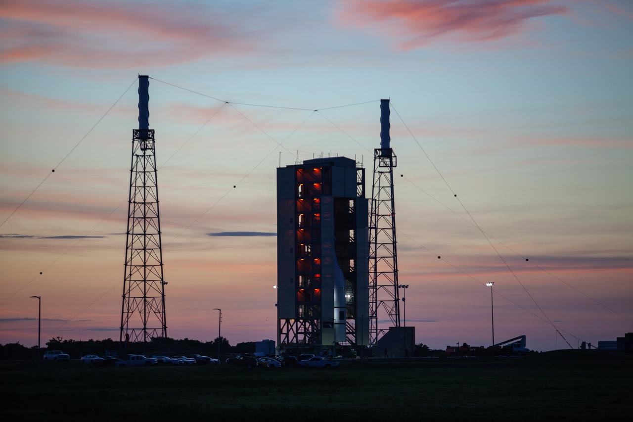 A sunrise view of Launch Complex 46 at Cape Canaveral Air Force Station in Florida on July 1, 2019. A fully functional Launch Abort System (LAS) mated to a test version of the Orion spacecraft are on a Northrop Grumman provided booster on the pad for launch on NASA’s Ascent Abort-2 (AA-2) flight test on July 2, 2019. The vertical integration facility surrounding the test vehicle begins to roll back from the pad. During AA-2, the booster will send the LAS and Orion to an altitude of 31,000 feet, traveling at more than 1,000 mph. The LAS’ three motors will work together to pull the crew module away from the booster and prepare it for splashdown in the Atlantic Ocean. The flight test will prove that the abort system can pull crew to safety in the unlikely event of an emergency during ascent.