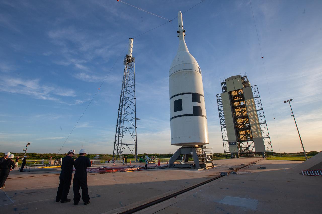 The Ascent Abort-2 test vehicle is secured on the pad at Launch Complex 46 at Cape Canaveral Air Force Station in Florida after rollback of the vertical integration facility on July 1, 2019. A fully functional Launch Abort System (LAS) mated to a test version of the Orion spacecraft are on a Northrop Grumman provided booster on the pad for launch on NASA’s AA-2 flight test on July 2, 2019. During AA-2, the booster will send the LAS and Orion to an altitude of 31,000 feet, traveling at more than 1,000 mph. The LAS’ three motors will work together to pull the crew module away from the booster and prepare it for splashdown in the Atlantic Ocean. The flight test will prove that the abort system can pull crew to safety in the unlikely event of an emergency during ascent.