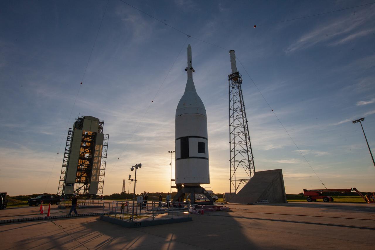 The Ascent Abort-2 test vehicle is secured on the pad at Launch Complex 46 at Cape Canaveral Air Force Station in Florida after rollback of the vertical integration facility on July 1, 2019. A fully functional Launch Abort System (LAS) mated to a test version of the Orion spacecraft are on a Northrop Grumman provided booster on the pad for launch on NASA’s AA-2 flight test on July 2, 2019. During AA-2, the booster will send the LAS and Orion to an altitude of 31,000 feet, traveling at more than 1,000 mph. The LAS’ three motors will work together to pull the crew module away from the booster and prepare it for splashdown in the Atlantic Ocean. The flight test will prove that the abort system can pull crew to safety in the unlikely event of an emergency during ascent.