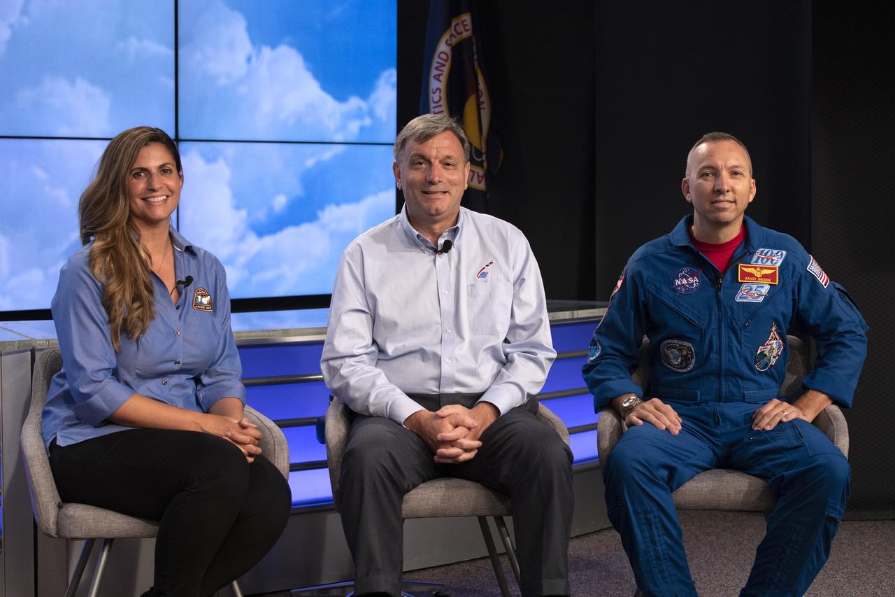From left, Jenny Devolites, AA-2 Crew Module manager; Mark Kirasich, Orion Program manager; and Randy Bresnik, NASA astronaut, participate in a prelaunch news conference for NASA’s Ascent Abort-2 (AA-2) flight test at the agency’s Kennedy Space Center in Florida on July 1, 2019. For AA-2, a test version of the Orion spacecraft attached to a fully functional Launch Abort System (LAS) will launch atop a Northrop Grumman provided booster on July 2, 2019, from Launch Pad 46 at Cape Canaveral Air Force Station in Florida. During AA-2, the booster will send the LAS and Orion to an altitude of 31,000 feet, traveling at more than 1,000 mph. The LAS’ three motors will work together to pull the crew module away from the booster and prepare it for splashdown in the Atlantic Ocean. The flight test will prove that the abort system can pull crew to safety in the unlikely event of an emergency during ascent.