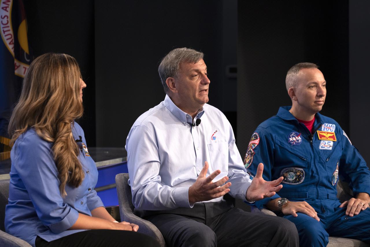 From left, Jenny Devolites, AA-2 Crew Module manager; Mark Kirasich, Orion Program manager; and Randy Bresnik, NASA astronaut, participate in a prelaunch news conference for NASA’s Ascent Abort-2 (AA-2) flight test at the agency’s Kennedy Space Center in Florida on July 1, 2019. For AA-2, a test version of the Orion spacecraft attached to a fully functional Launch Abort System (LAS) will launch atop a Northrop Grumman provided booster on July 2, 2019, from Launch Pad 46 at Cape Canaveral Air Force Station in Florida. During AA-2, the booster will send the LAS and Orion to an altitude of 31,000 feet, traveling at more than 1,000 mph. The LAS’ three motors will work together to pull the crew module away from the booster and prepare it for splashdown in the Atlantic Ocean. The flight test will prove that the abort system can pull crew to safety in the unlikely event of an emergency during ascent.