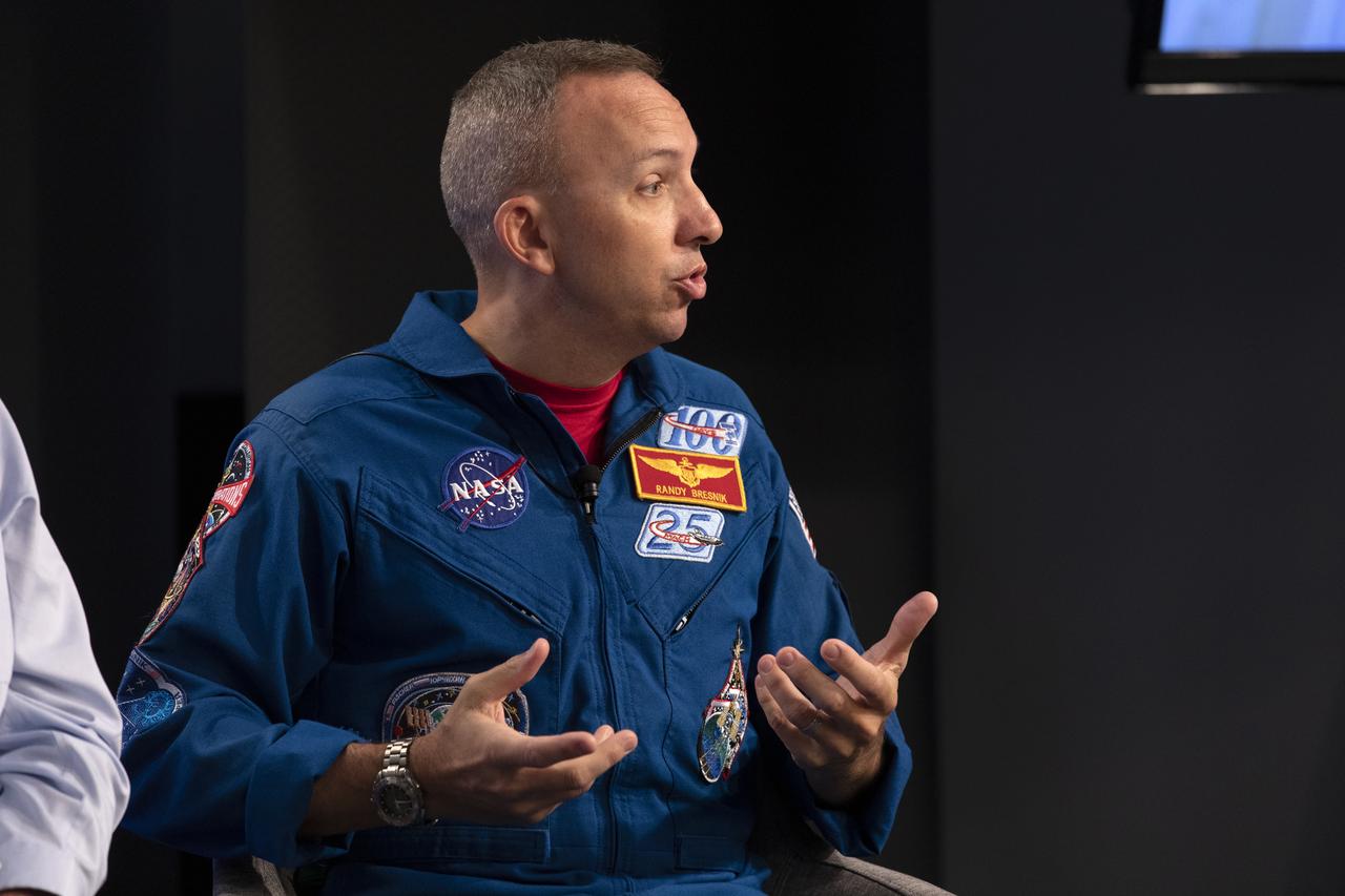 Randy Bresnik, NASA astronaut, answers a question from a member of the news media during a prelaunch news conference for NASA’s Ascent Abort-2 (AA-2) flight test at the agency’s Kennedy Space Center in Florida on July 1, 2019.  For AA-2, a test version of the Orion spacecraft attached to a fully functional Launch Abort System (LAS) will launch atop a Northrop Grumman provided booster on July 2, 2019, from Launch Pad 46 at Cape Canaveral Air Force Station in Florida. During AA-2, the booster will send the LAS and Orion to an altitude of 31,000 feet, traveling at more than 1,000 mph. The LAS’ three motors will work together to pull the crew module away from the booster and prepare it for splashdown in the Atlantic Ocean. The flight test will prove that the abort system can pull crew to safety in the unlikely event of an emergency during ascent.