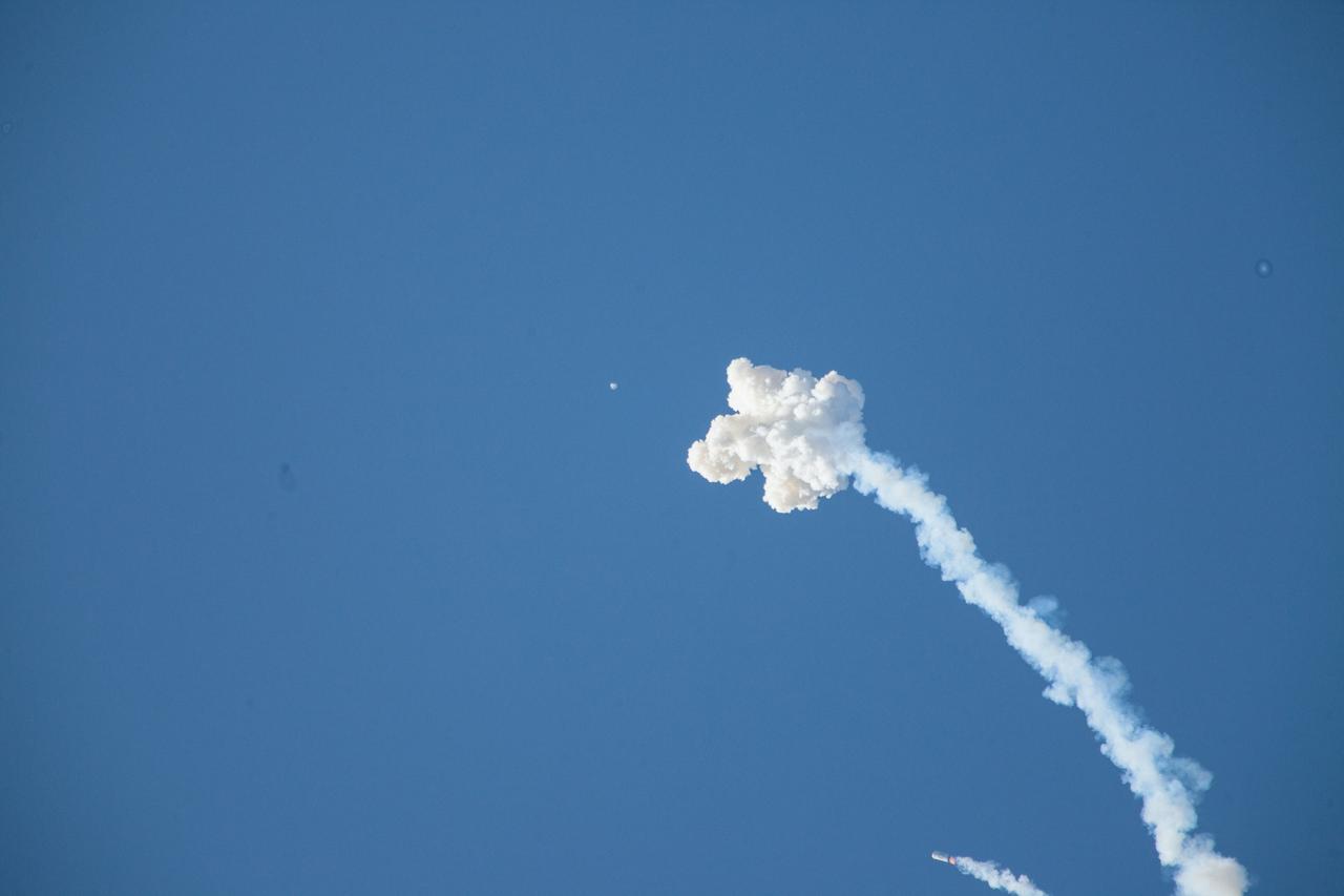 A fully functional Launch Abort System (LAS) with a test version of Orion attached, soars upward on NASA’s Ascent Abort-2 (AA-2) flight test atop a Northrop Grumman provided booster on July 2, 2019, after launching at 7 a.m. EDT, from Launch Pad 46 at Cape Canaveral Air Force Station in Florida. During AA-2, the booster will send the LAS and Orion to an altitude of 31,000 feet, traveling at Mach 1.15 (more than 1,000 mph). The LAS’ three motors will work together to pull the crew module away from the booster and prepare it for splashdown in the Atlantic Ocean. The flight test will prove that the abort system can pull crew to safety in the unlikely event of an emergency during ascent.