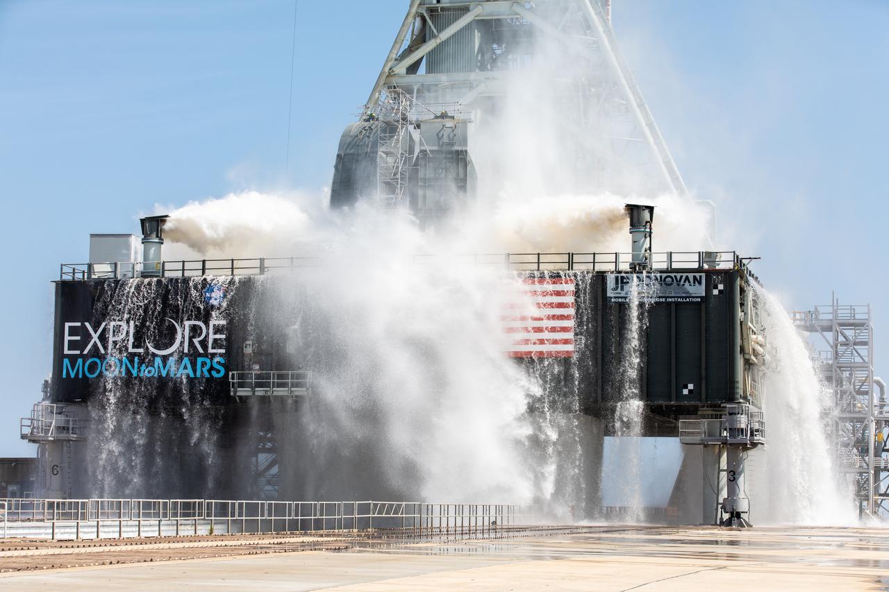 NASA’s Exploration Ground Systems conducts a water flow test with the mobile launcher at Kennedy Space Center’s Pad 39B in Florida on July 2, 2019. It is the first of nine tests to verify the sound suppression system is ready for launch of NASA’s Space Launch System for the first Artemis mission. During launch, 400,000 gallons of water will rush onto the pad to help protect the rocket, NASA’s Orion Spacecraft, mobile launcher, and launch pad from the extreme acoustic and temperature environment.