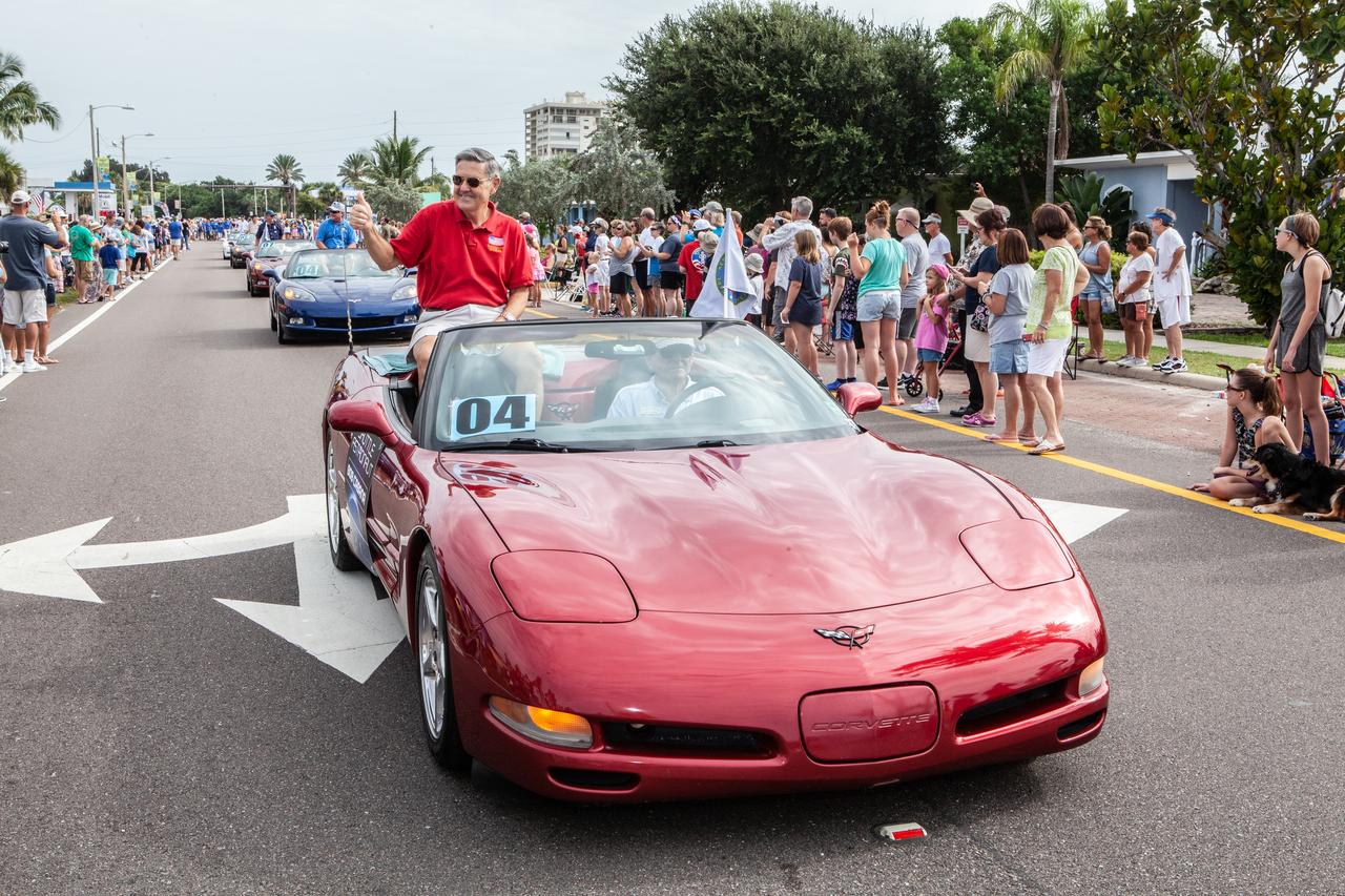 Kennedy Space Center Director and retired NASA astronaut Bob Cabana rides in a Corvette during the “Man on the Moon” astronaut parade in Cocoa Beach, Florida, on July 13, 2019. The parade was held to honor the 50th anniversary of NASA’s Saturn V/Apollo 11 launch and landing on the Moon.