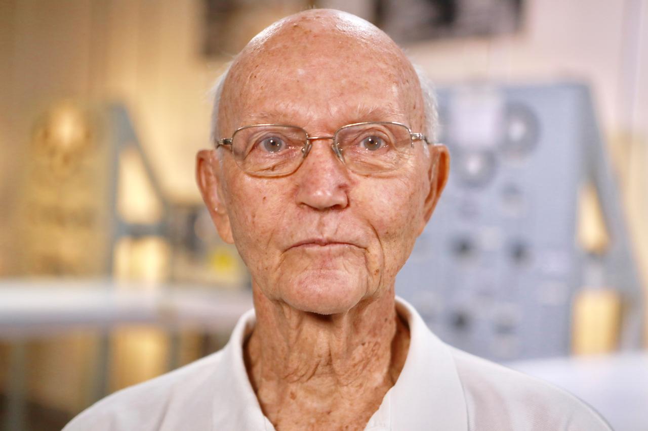 On the 50th anniversary of the Apollo 11 launch, July 16, 2019, Michael Collins stands in the suit-up room in the astronaut crew quarters at NASA’s Kennedy Space Center in Florida, just as he did 50 years ago today.