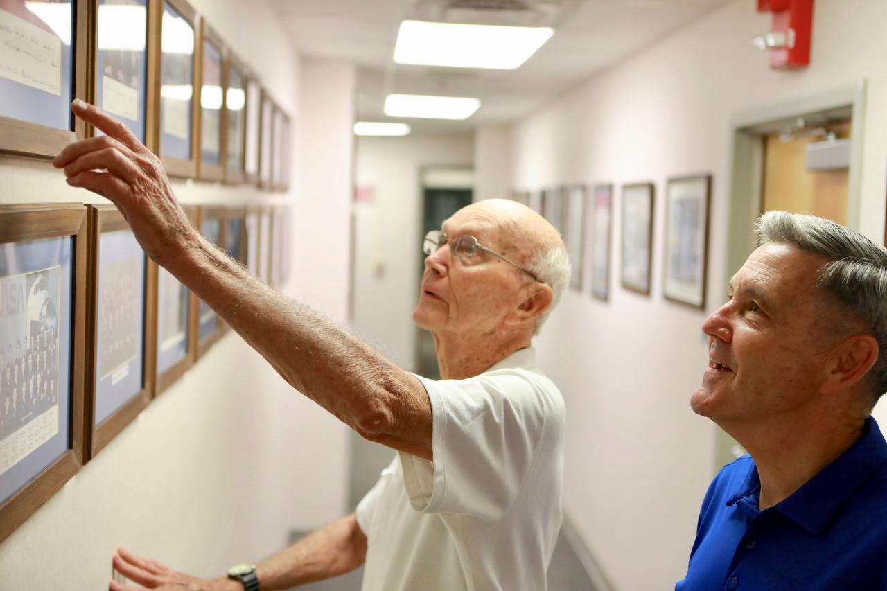 On the 50th anniversary of the Apollo 11 launch, July 16, 2019, astronaut Michael Collins speaks to Kennedy Space Center Director Bob Cabana in the astronaut crew quarters about the moments leading up to launch at 9:32 a.m. on July 16, 1969, and what it was like to be the first to land on the Moon.