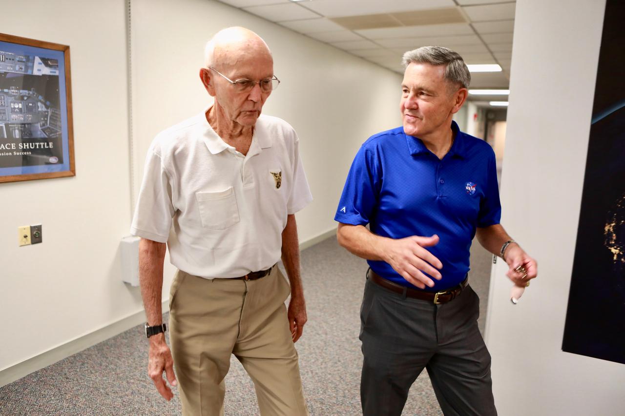 On the 50th anniversary of the Apollo 11 launch, July 16, 2019, astronaut Michael Collins speaks to Kennedy Space Center Director Bob Cabana in the astronaut crew quarters about the moments leading up to launch at 9:32 a.m. on July 16, 1969, and what it was like to be the first to land on the Moon. 