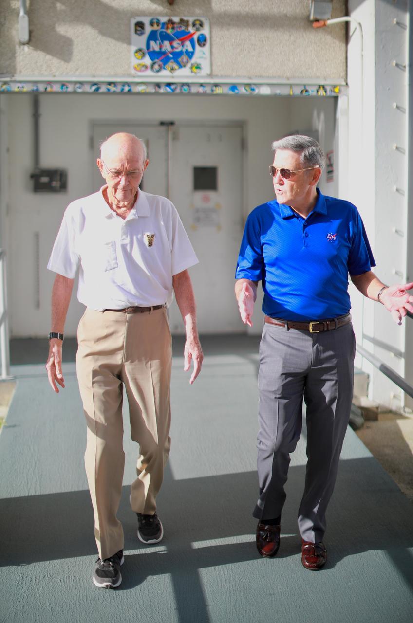 On the 50th anniversary of the Apollo 11 launch, July 16, 2019, astronaut Michael Collins, left, and Kennedy Space Center Director Bob Cabana exit the astronaut crew quartaers. Collins is speaking to Cabana about the moments leading up to launch at 9:32 a.m. on July 16, 1969, and what it was like to be the first to land on the Moon. 