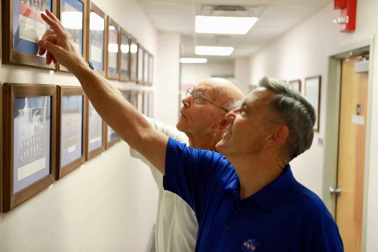 On the 50th anniversary of the Apollo 11 launch, July 16, 2019, astronaut Michael Collins, left, speaks to Kennedy Space Center Director Bob Cabana in the astronaut crew quarters about the moments leading up to launch at 9:32 a.m. on July 16, 1969, and what it was like to be the first to land on the Moon.