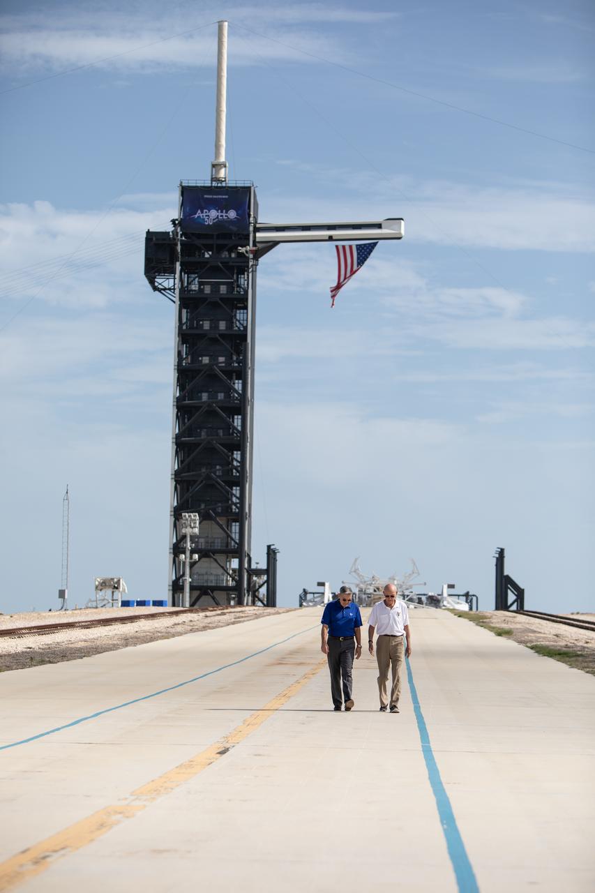 On July 16, 2019, the 50th anniversary of the Apollo 11 launch, Kennedy Space Center Director Bob Cabana, left, and astronaut Michael Collins talk a walk at Launch Complex 39A. During his visit to the Florida spaceport, Collins discussed the moments leading up to launch at 9:32 a.m. on July 16, 1969, and what it was like to be part of the first crew to land on the Moon. 