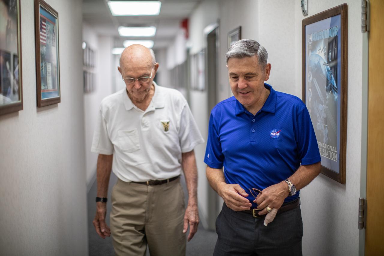 On the 50th anniversary of the Apollo 11 launch, July 16, 2019, astronaut Michael Collins, left, speaks to Kennedy Space Center Director Bob Cabana in the astronaut crew quarters about the moments leading up to launch at 9:32 a.m. on July 16, 1969, and what it was like to be the first to land on the Moon. 