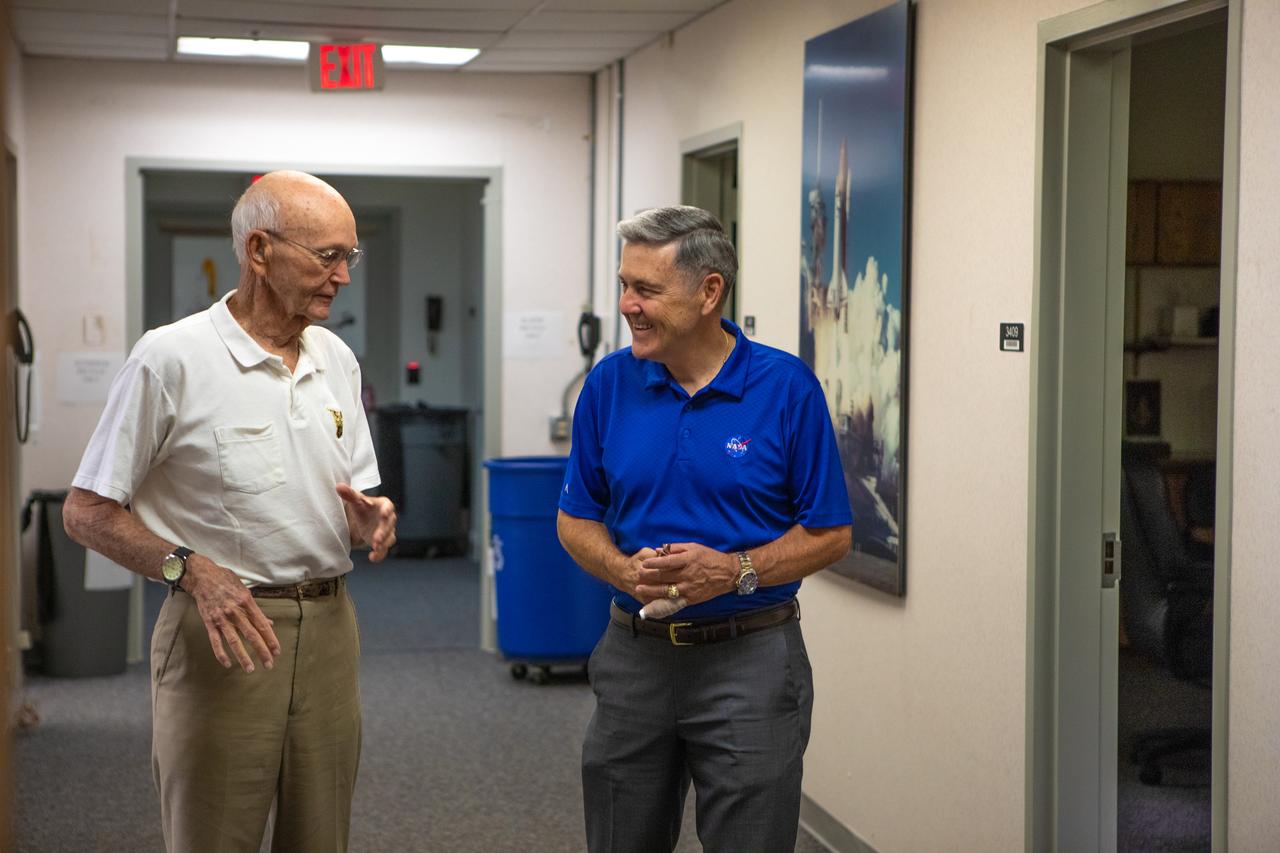 On the 50th anniversary of the Apollo 11 launch, July 16, 2019, astronaut Michael Collins, left, speaks to Kennedy Space Center Director Bob Cabana in the astronaut crew quarters about the moments leading up to launch at 9:32 a.m. on July 16, 1969, and what it was like to be the first to land on the Moon. 