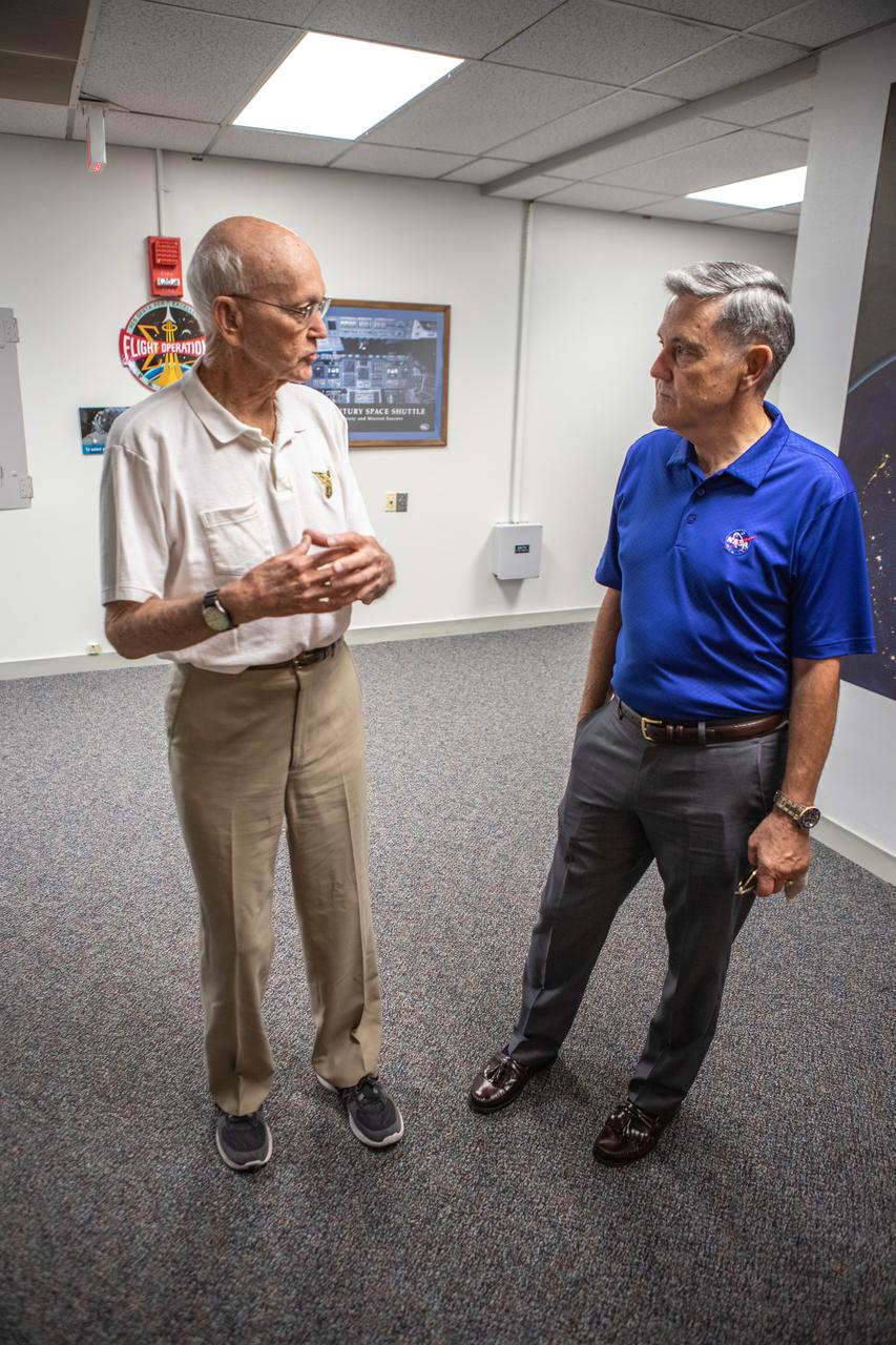 On the 50th anniversary of the Apollo 11 launch, July 16, 2019, astronaut Michael Collins, left, speaks to Kennedy Space Center Director Bob Cabana in the astronaut crew quarters about the moments leading up to launch at 9:32 a.m. on July 16, 1969, and what it was like to be the first to land on the Moon.