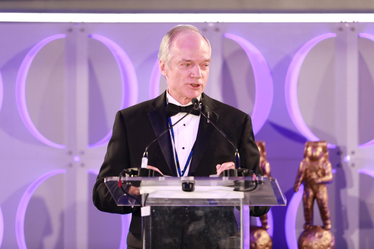 Retired NASA astronaut Charlie Precourt, vice president, propulsion systems, with Northrop Grumman, delivers remarks during the Apollo 11 50th Gala, presented by Northrop Grumman, inside the Apollo/Saturn V Center at the Kennedy Space Center Visitor Complex on July 16, 2019.