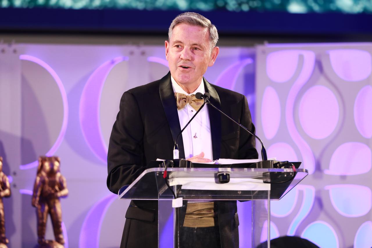 NASA Kennedy Space Center Director and retired astronaut Bob Cabana delivers remarks during the Apollo 50th Gala, presented by Northrop Grumman, inside the Apollo/Saturn V Center at the Kennedy Space Center Visitor Complex in Florida on July 16, 2019.