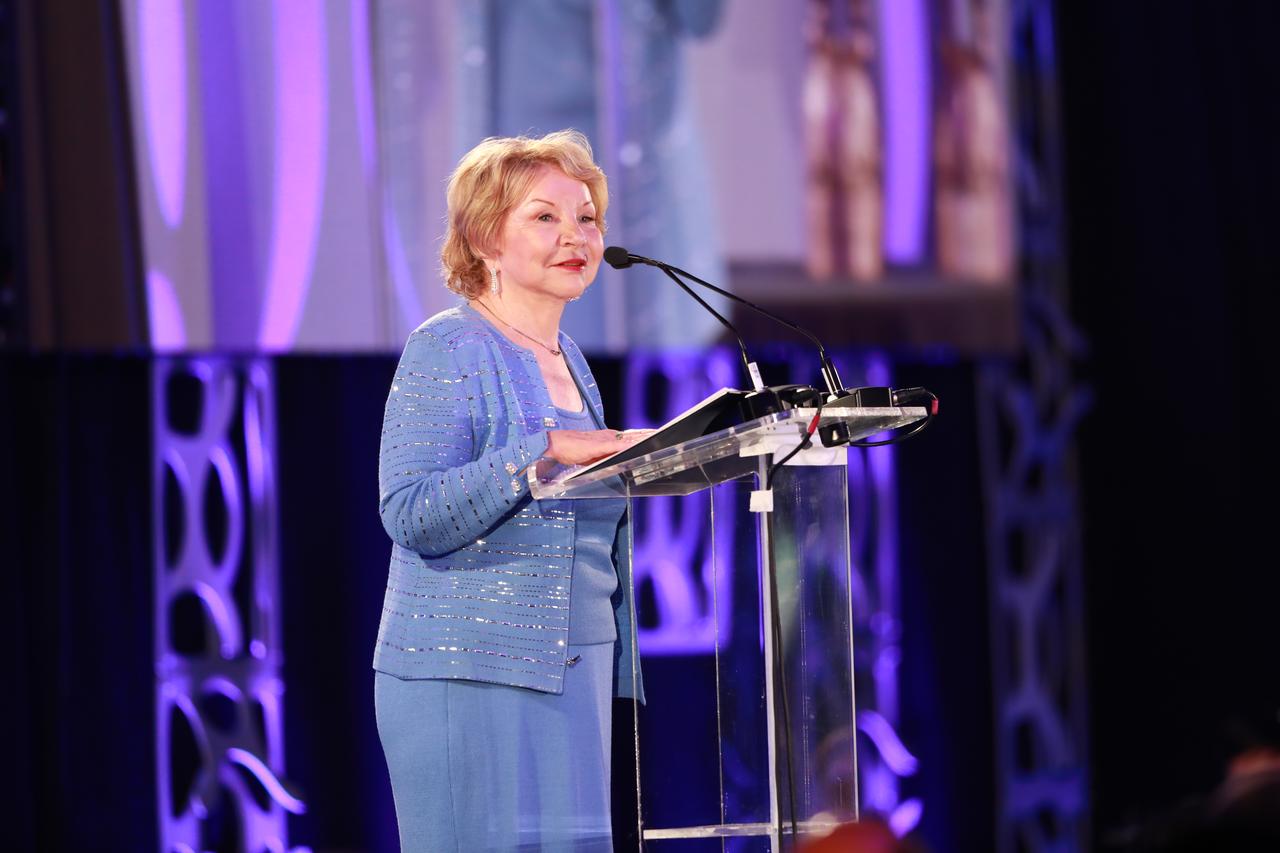 June Scobee Rodgers receives the Education Award during the Apollo 50th Gala, presented by Northrop Grumman, inside the Apollo/Saturn V Center at the Kennedy Space Center Visitor Complex in Florida on July 16, 2019. Scobbee Rodgers is the founding chairman of the Challenger Center for Space Science Education, established in 1986 following the Space Shuttle Challenger accident to continue the legacy of the Challenger crew.