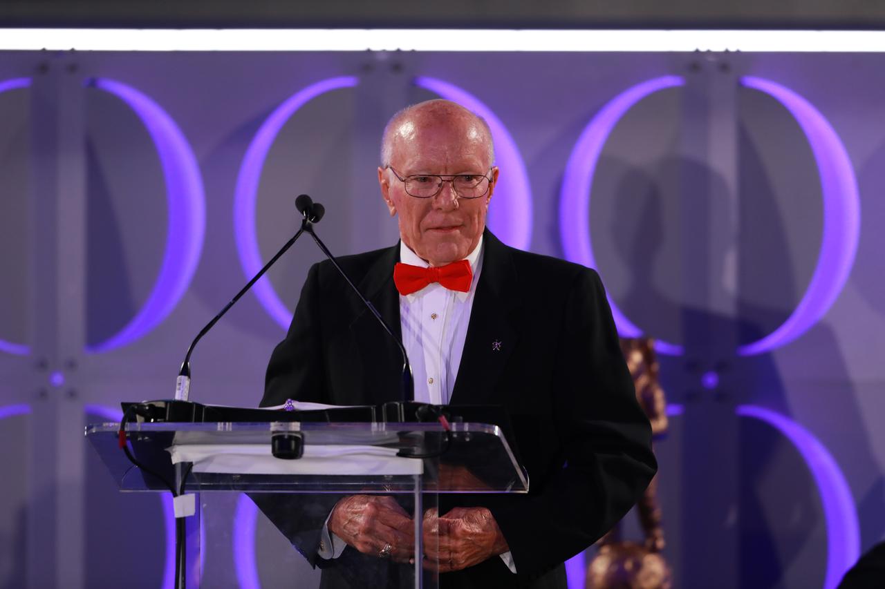Gerry Griffin, Apollo flight director, makes remarks during the Apollo 11 50th Gala, pressented by Northrop Grumman, inside the Apollo/Saturn V Center at the Kennedy Space Center Visitor Complex on July 16, 2019