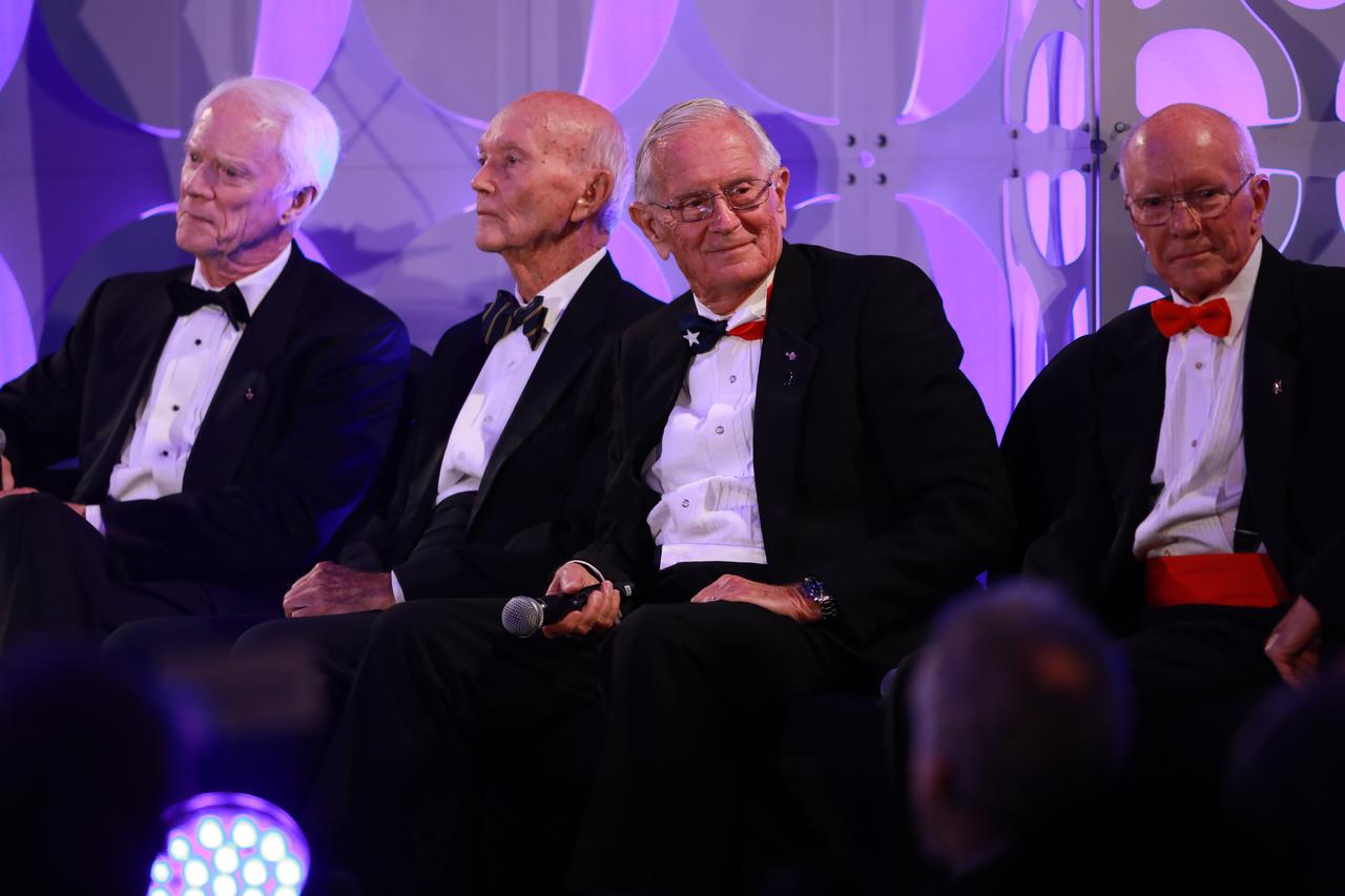 A panel discussion with Apollo astronauts took place during the Apollo 11 50th Gala, present by Northop Grumman, inside the Apollo/Saturn V Center at the Kennedy Space Center Visitor Complex in Florida on July 16, 2019. From left, are Apollo 9 astronaut Rusty Schweickart, Apollo 11 astronaut Michael Collins, Apollo 16 astronaut Charlie Duke, and Apollo Flight Director Gerry Griffin.