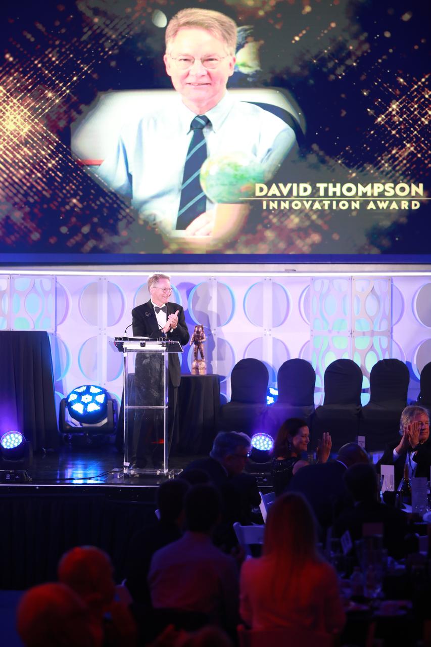 David Thompson, founder, presdient and CEO of Orbital Sciences Corp. (later known as Orbital ATK), makes remarks after receiving the Innovation Award at the Apollo 50th Gala on July 16, 2019. The gala, presented by Northrop Grumman, was held inside the Apollo/Saturn V Center at the Kennedy Space Center Visitor Complex in Florida.
