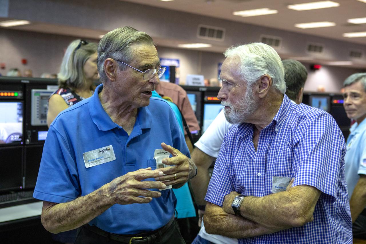 On July 16, 2019, the 50th anniversary of the Apollo 11 launch, Apollo-era launch team members mingle in Launch Control Center Firing Room 1 at NASA's Kennedy Space Center in Florida.