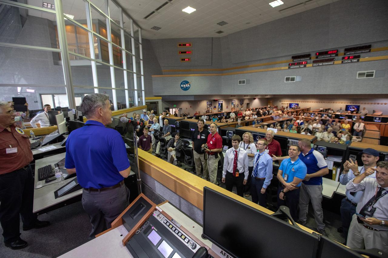 On July 16, 2019, the 50th anniversary of the Apollo 11 launch to the Moon, Kennedy Space Center Director Bob Cabana  speaks to launch team members from Apollo 11 and the current launch team for Artemis 1 in Firing Room 1 in the Launch Control Center at NASA’s Kennedy Space Center in Florida. 