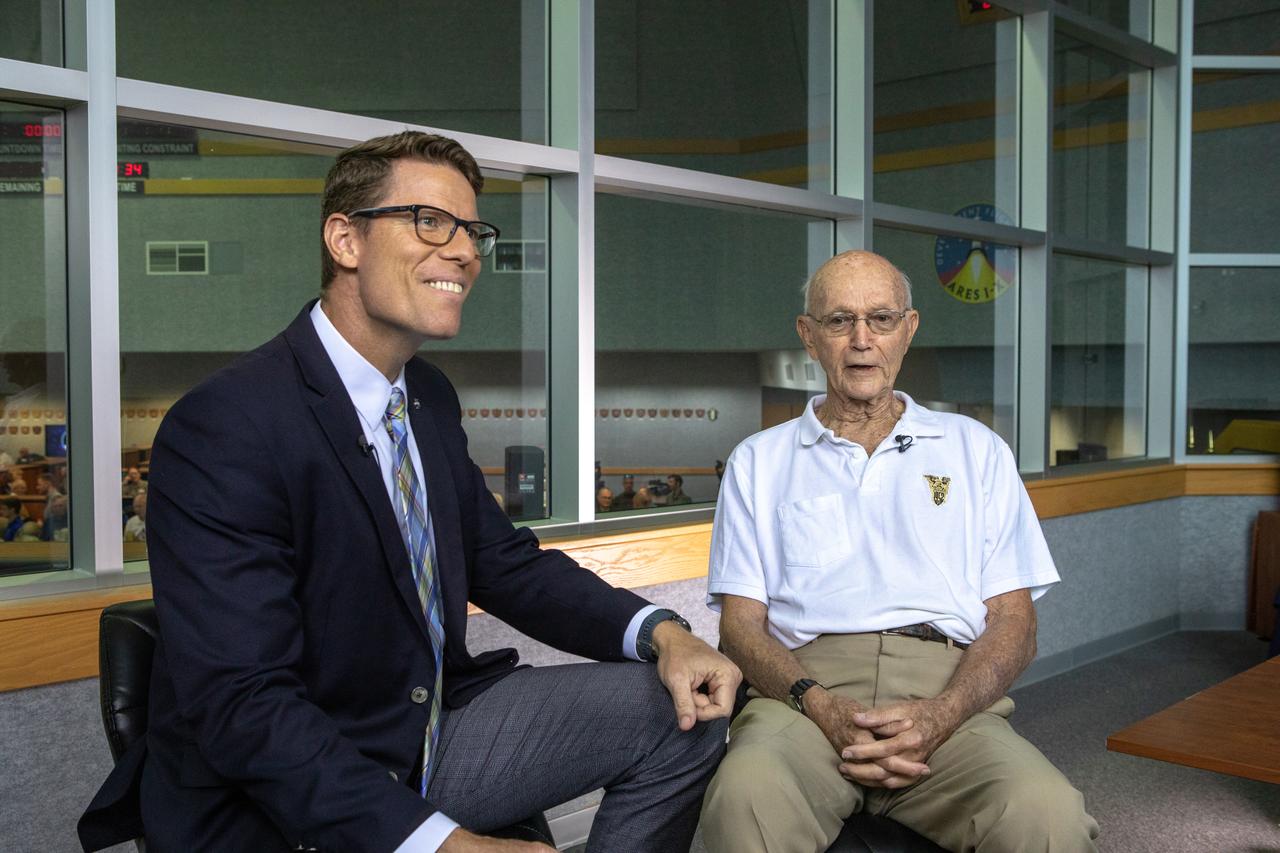 On July 16, 2019, the 50th anniversary of the Apollo 11 launch, Apollo 11 astronaut Michael Collins talks to NASA’s Derrol Nail at Launch Control Center Firing Room 1 at NASA's  Kennedy Space Center in Florida. Collins talked about the moments leading up to the Apollo 11 launch at 9:32 a.m. on July 16, 1969. 