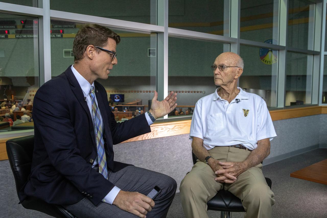 On July 16, 2019, the 50th anniversary of the Apollo 11 launch, Apollo 11 astronaut Michael Collins talks to NASA’s Derrol Nail at Launch Control Center Firing Room 1 at NASA's  Kennedy Space Center in Florida. Collins talked about the moments leading up to the Apollo 11 launch at 9:32 a.m. on July 16, 1969.