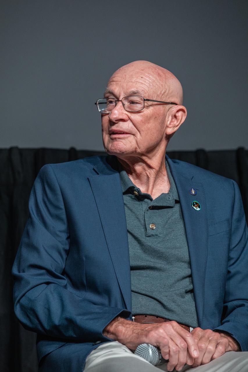 Bob Sieck, Apollo-era launch team member and former space shuttle launch director, particpates in the “Apollo Heroes Panel Discussion” in the IMAX Theater at the Kennedy Space Center Visitor Complex in Florida on July 16, 2019. The panel discussion is one of several events at the visitor complex to honor the 50th anniversary of NASA’s Saturn V/Apollo 11 launch and landing on the Moon.