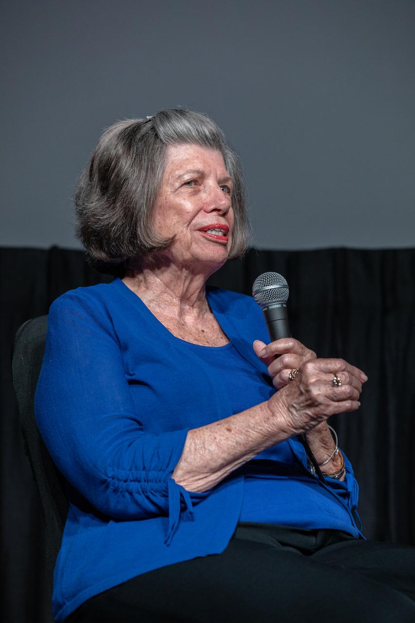 JoAnn Morgan, retired from NASA and the only woman on console in the Launch Control Center during Apollo 11 launch countdown activities, answers questions during the “Apollo Heroes Panel Discussion” in the IMAX Theater at the Kennedy Space Center Visitor Complex in Florida on July 16, 2019. The panel discussion is one of several events at the visitor complex to honor the 50th anniversary of NASA’s Saturn V/Apollo 11 launch and landing on the Moon.