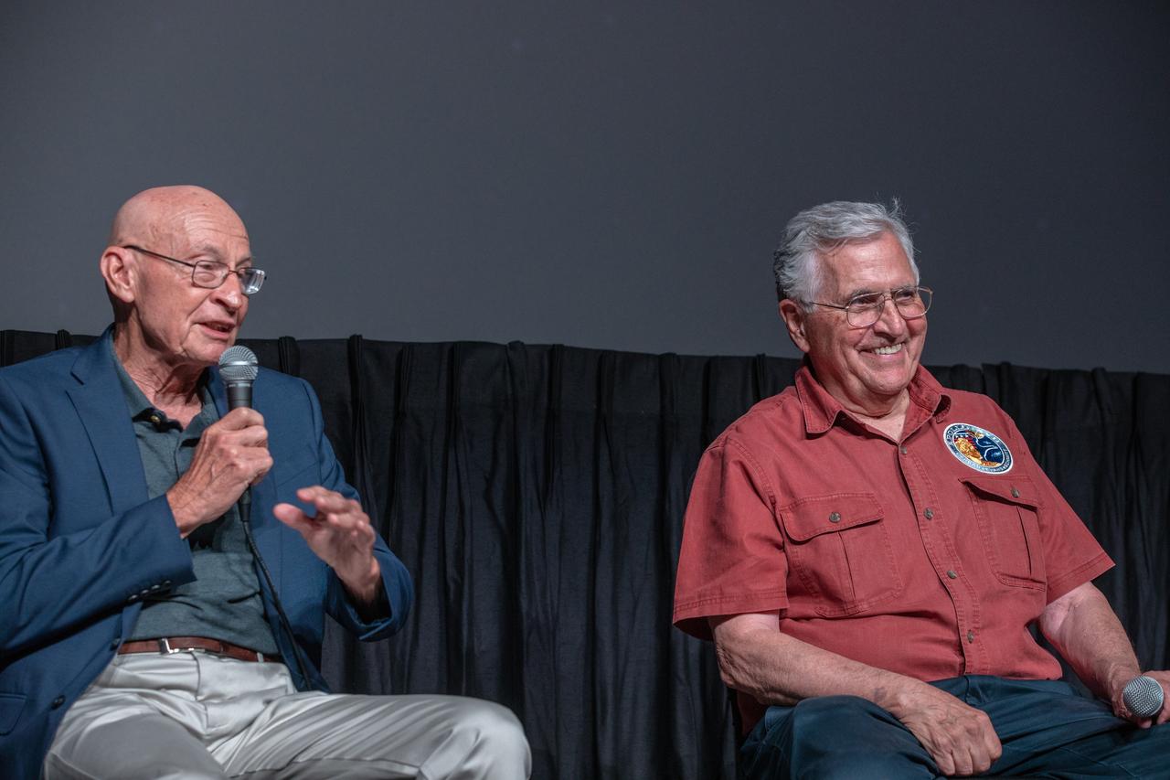 Bob Sieck, left, Apollo-era launch team member and former space shuttle launch director, and Harrison Schmitt, Apollo 17 astronaut and moonwalker, answer questions during the “Apollo Heroes Panel Discussion” in the IMAX Theater at the Kennedy Space Center Visitor Complex in Florida on July 16, 2019.  The panel discussion is one of several events at the visitor complex to honor the 50th anniversary of NASA’s Saturn V/Apollo 11 launch and landing on the Moon.