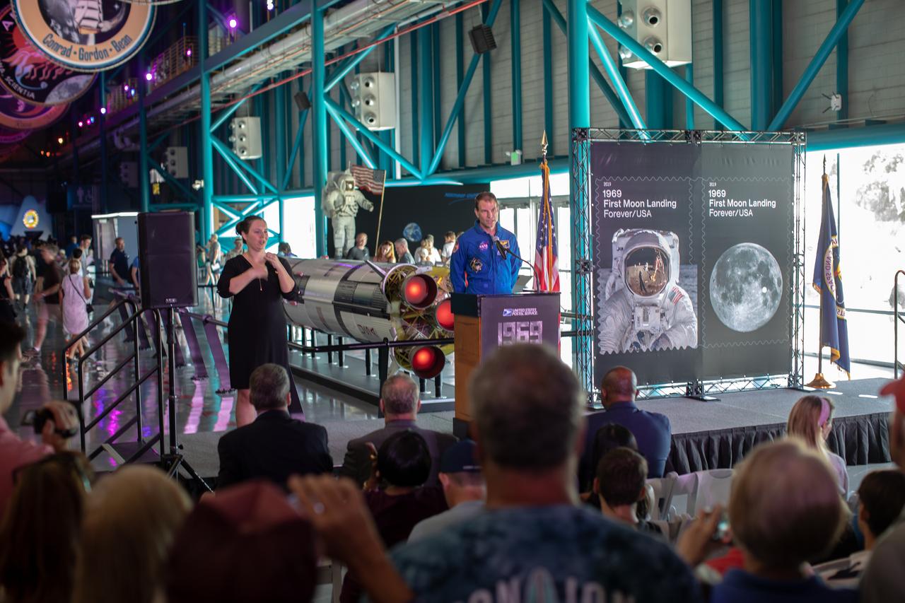 Astronaut Stan Love speaks at Kennedy Space Center’s Apollo/Saturn V Center on Friday, July 19, 2019. Love addressed a crowd at the Florida spaceport during a 50th Anniversary celebration of the Apollo 11 mission. The U.S. Postal Service issued two forever stamps to honor the historic moment. The event marked the first day of issue for the special stamps.