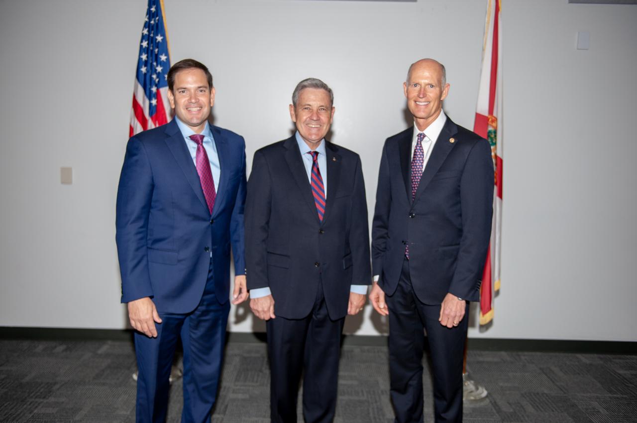 From left, Sen. Marco Rubio, R-FL, Kennedy Space Center Director Bob Cabana, and Sen. Rick Scott, R-FL, pause for a photo during the U.S. Senate Committee on Small Business and Entrepreneurship field hearing on July 19, 2019, in the Astronaut Memorial Foundation facility at the Florida spaceport’s visitor complex. The topic of the field hearing was “Moon Landings to Mars Exploration: The Role of Small Business Innovation in America’s Space Program.”