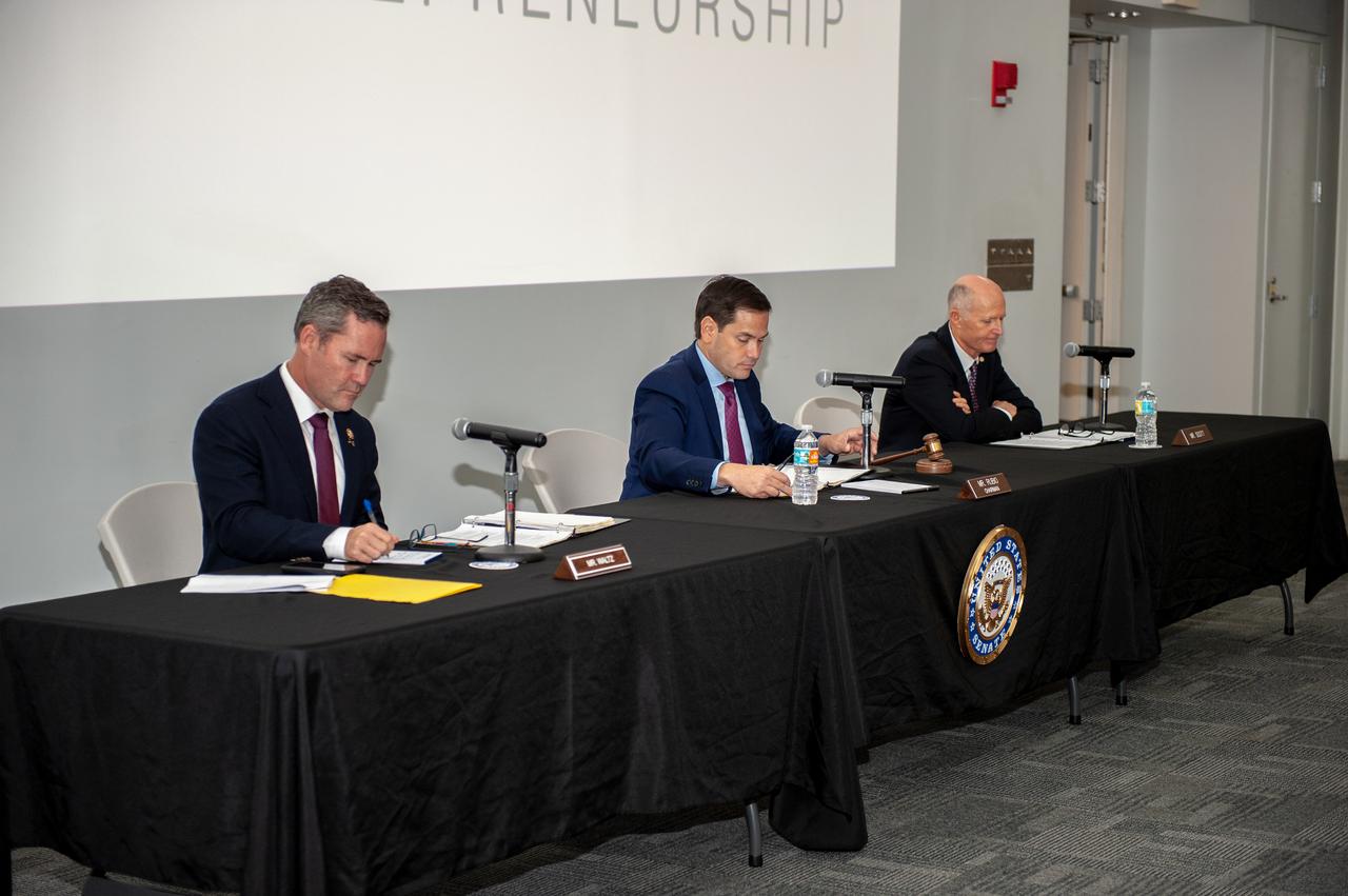 From left, Rep. Mike Waltz, R-FL, and Sens. Marco Rubio and Rick Scott, R-FL, participate in the U.S. Senate Committee on Small Business and Entrepreneurship field hearing on July 19, 2019, in the Astronaut Memorial Foundation facility at the Florida spaceport’s visitor complex. The topic of the field hearing was “Moon Landings to Mars Exploration: The Role of Small Business Innovation in America’s Space Program.”