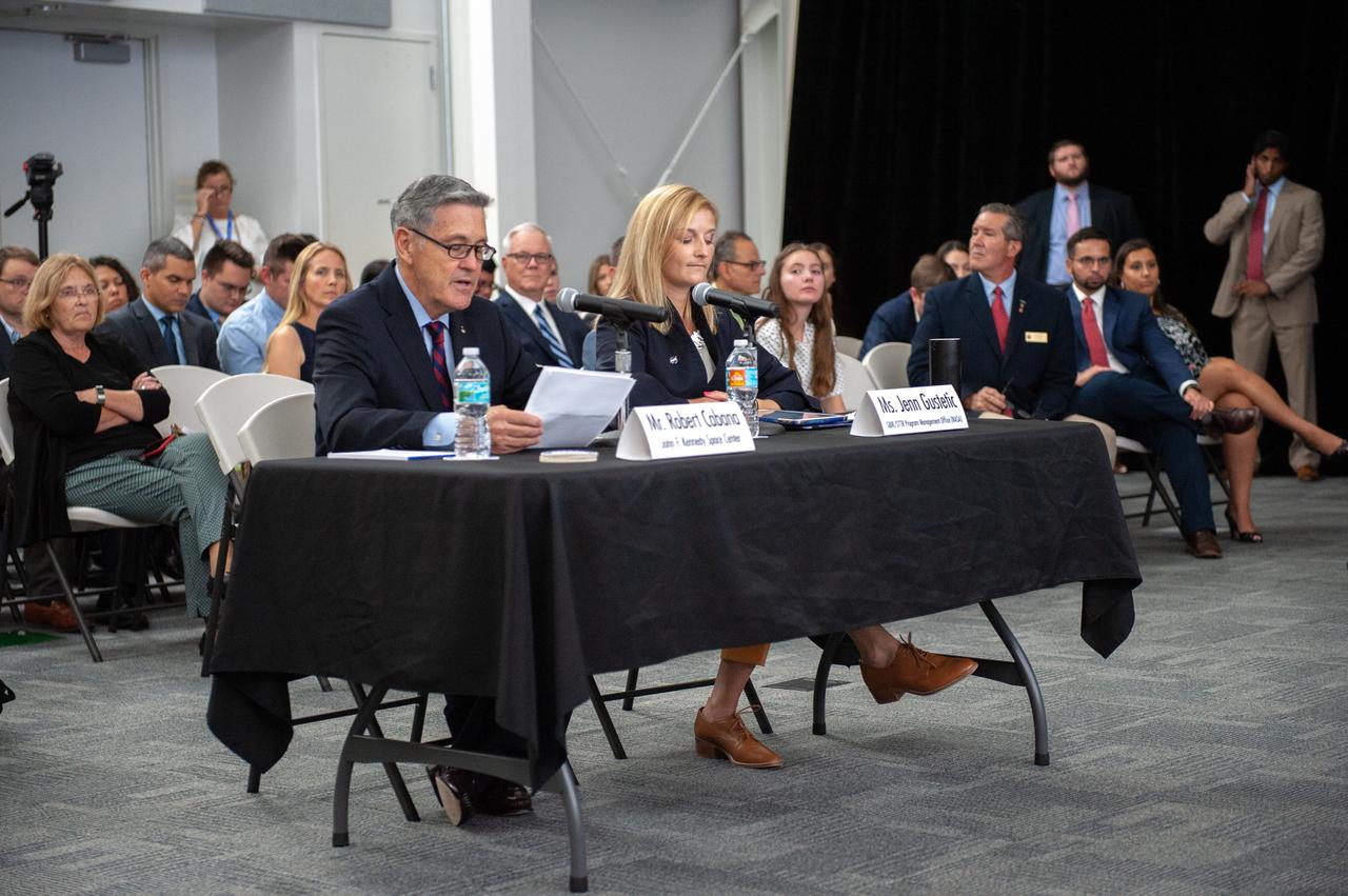 Bob Cabana, left, director of NASA’s Kennedy Space Center in Florida, and Jenn Gustetic, program executive, NASA Small Business Innovation Research Program (SBIR), speak to Florida legislators participating in the U.S. Senate Committee on Small Business and Entrepreneurship field hearing on July 19, 2019, in the Astronaut Memorial Foundation facility at Kennedy’s visitor complex. The topic of the field hearing was “Moon Landings to Mars Exploration: The Role of Small Business Innovation in America’s Space Program.”