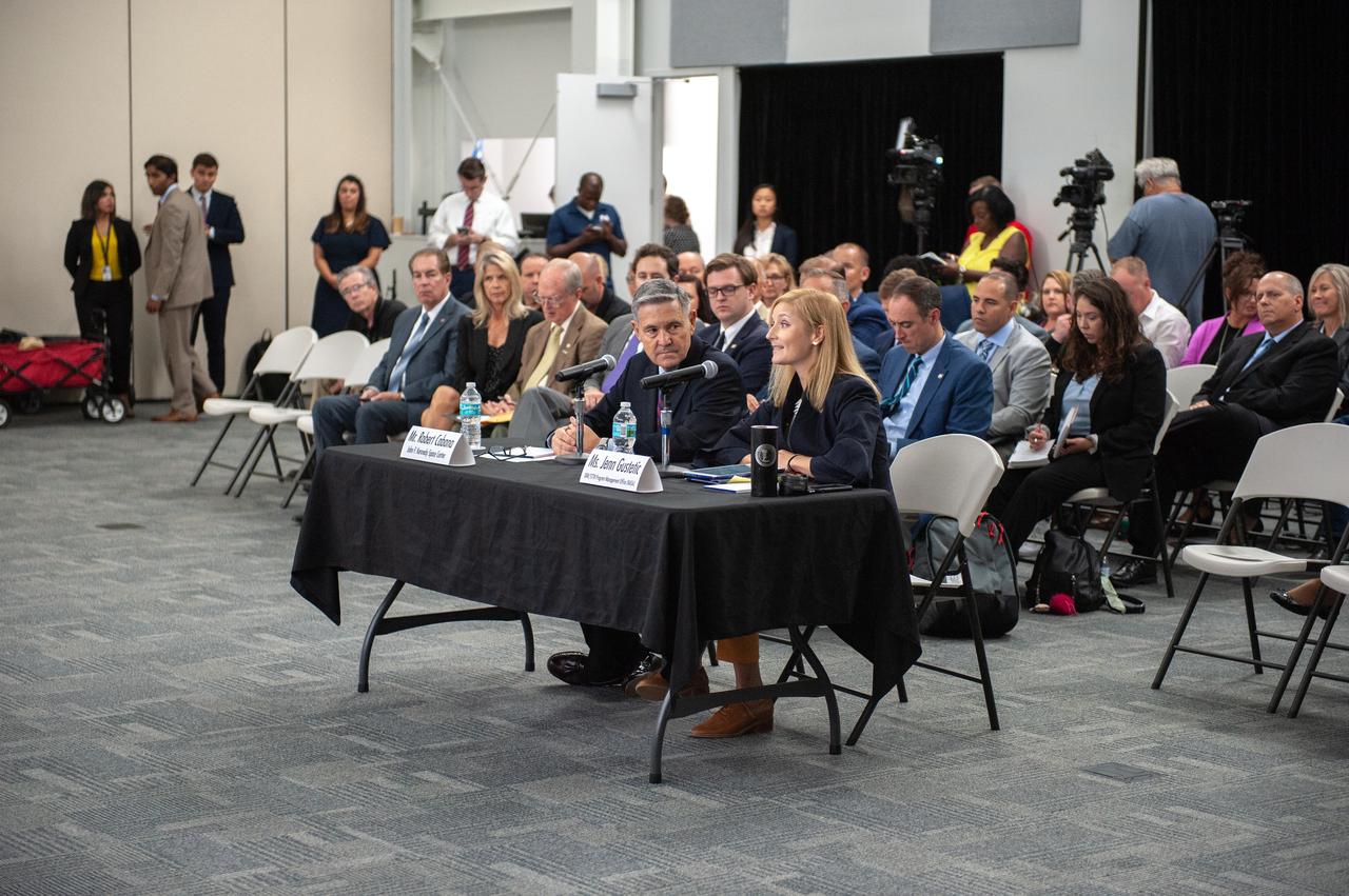 Bob Cabana, director of NASA’s Kennedy Space Center in Florida, and Jenn Gustetic, program executive, NASA Small Business Innovation Research Program (SBIR), speak to Florida legislators participating in the U.S. Senate Committee on Small Business and Entrepreneurship field hearing on July 19, 2019, in the Astronaut Memorial Foundation facility at Kennedy’s Visitor Complex. The topic of the field hearing was “Moon Landings to Mars Exploration: The Role of Small Business Innovation in America’s Space Program.”