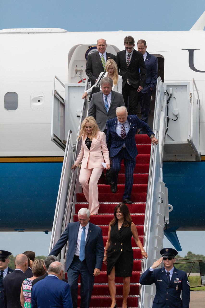 Vice President Mike Pence and second lady Karen Pence arrive at Kennedy Space Center’s Shuttle Landing Facility on July 20, 2019. Pence, who chairs the National Space Council, visited the Florida spaceport on the 50th anniversary of the Apollo 11 mission, which landed the first two humans on the Moon. He recognized the historic mission, while also addressing NASA’s future plans to travel to the Moon and on to Mars.