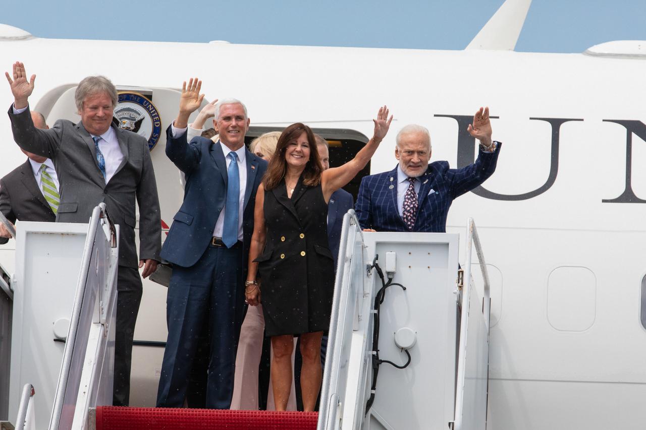 Vice President Mike Pence and second lady Karen Pence, center, arrive at Kennedy Space Center’s Shuttle Landing Facility on July 20, 2019. Pence, who chairs the National Space Council, visited the Florida spaceport on the 50th anniversary of the Apollo 11 mission, which landed the first two humans on the Moon. He recognized the historic mission, while also addressing NASA’s future plans to travel to the Moon and on to Mars. At far left is Rick Armstrong, son of Apollo 11 Commander Neil Armstrong. At far right is Apollo 11 Lunar Module Pilot Buzz Aldrin.