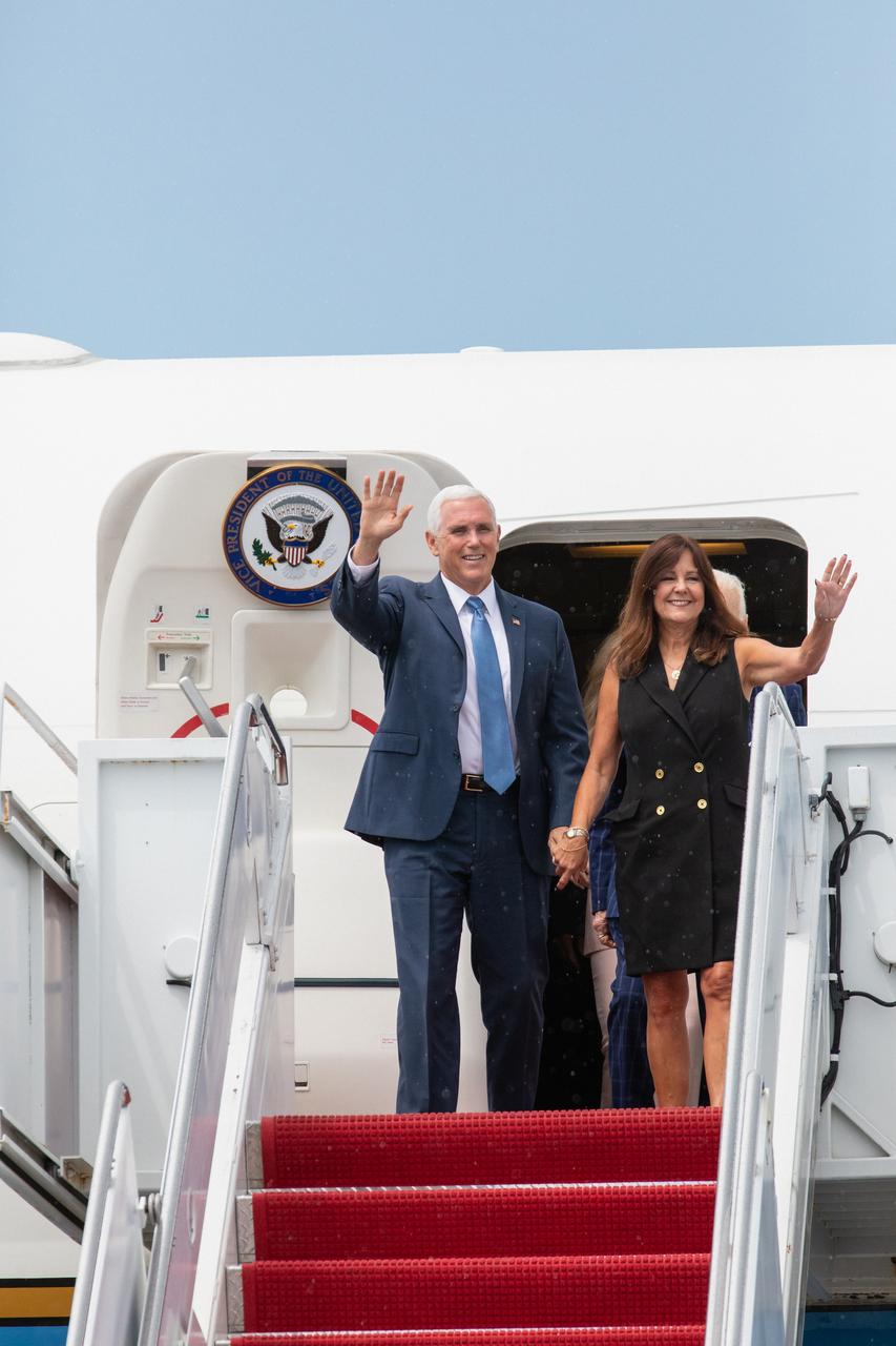 Vice President Mike Pence and second lady Karen Pence arrive at Kennedy Space Center’s Shuttle Landing Facility on July 20, 2019. Pence, who chairs the National Space Council, visited the Florida spaceport on the 50th anniversary of the Apollo 11 mission, which landed the first two humans on the Moon. He recognized the historic mission, while also addressing NASA’s future plans to travel to the Moon and on to Mars.