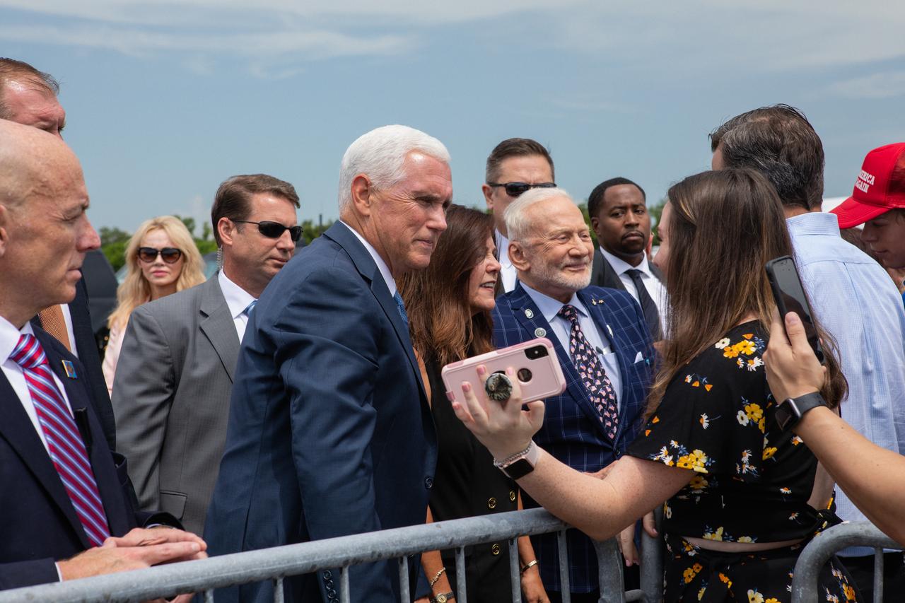 Vice President Pence arrives at Kennedy Space Center's Shuttle Landing Facility on July 20, 2019 and greets workers. Pence, who chairs the National Space Council, visited the Florida spaceport on the 50th anniversary of the Apollo 11 mission, which landed the first two humans on the Moon. He recognized the historic mission, while also addressing NASA’s future plans to travel to the Moon and on to Mars. 