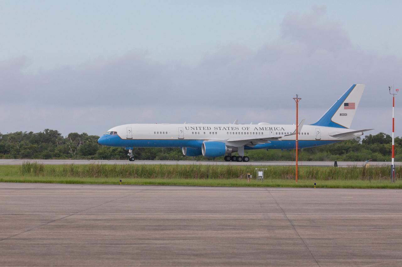 Vice President Mike Pence and second lady Karen Pence arrive aboard Air Force Two at Kennedy Space Center’s Shuttle Landing Facility on July 20, 2019. Pence, who chairs the National Space Council, visited the Florida spaceport on the 50th anniversary of the Apollo 11 mission, which landed the first two humans on the Moon. He recognized the historic mission, while also addressing NASA’s future plans to travel to the Moon and on to Mars.