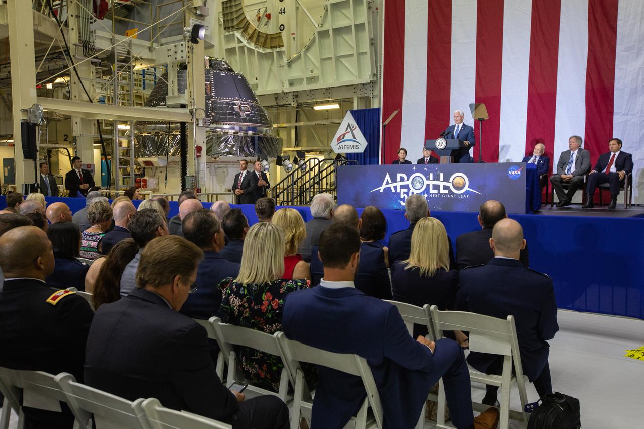 Vice President Mike Pence addresses invited guests, elected officials and NASA, Lockheed Martin and other industry leaders at Kennedy Space Center’s Neil Armstrong Operations & Checkout Building on July 20, 2019. Pence, who visited the Florida spaceport in honor of the 50th anniversary of the Apollo 11 mission, also spoke about NASA’s progress and future plans to return to the Moon and on to Mars.