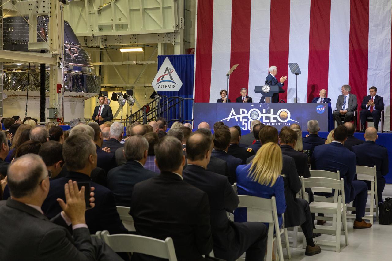 Vice President Mike Pence addresses invited guests, elected officials and NASA, Lockheed Martin and other industry leaders at Kennedy Space Center’s Neil Armstrong Operations & Checkout Building on July 20, 2019. Pence, who visited the Florida spaceport in honor of the 50th anniversary of the Apollo 11 mission, also spoke about NASA’s progress and future plans to return to the Moon and on to Mars. 