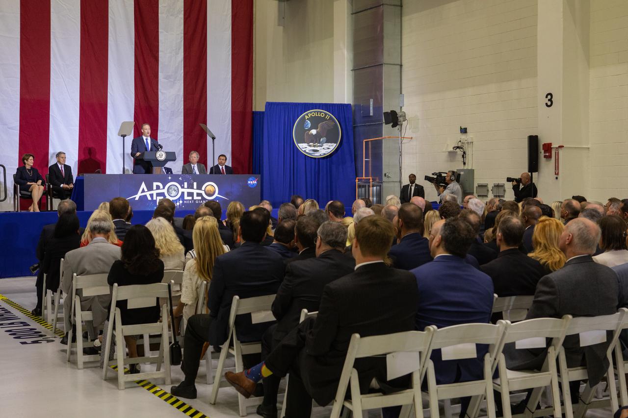 NASA Administrator Jim Bridenstine addresses invited guests, elected officials and NASA, Lockheed Martin and other industry leaders at Kennedy Space Center’s Neil Armstrong Operations & Checkout Building on July 20, 2019. He introduced Vice President Mike Pence. Pence, who visited the Florida spaceport in honor of the 50th anniversary of the Apollo 11 mission, also spoke about NASA’s progress and future plans to return to the Moon and on to Mars.