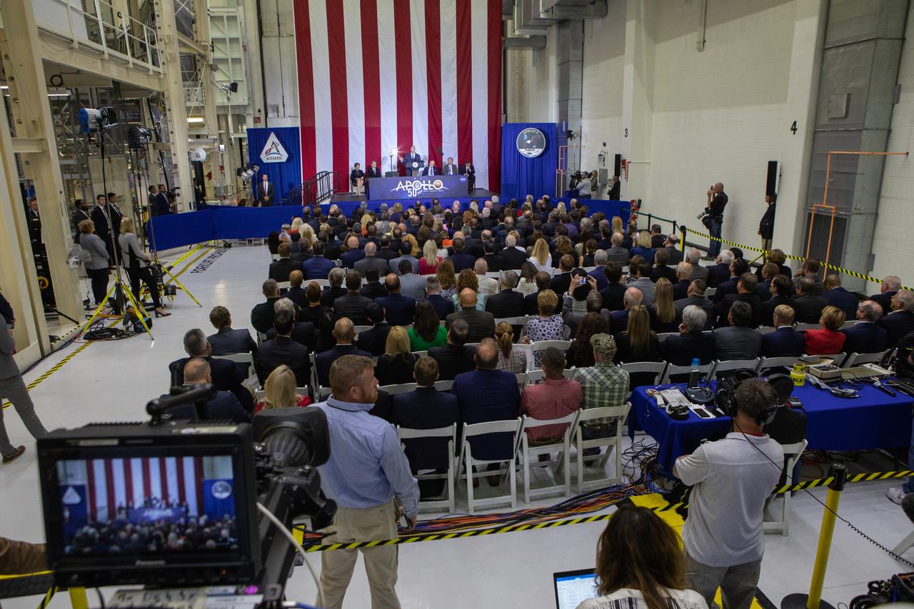 NASA Administrator Jim Bridenstine addresses invited guests, elected officials and NASA, Lockheed Martin and other industry leaders at Kennedy Space Center’s Neil Armstrong Operations & Checkout Building on July 20, 2019. He introduced Vice President Mike Pence. Pence, who visited the Florida spaceport in honor of the 50th anniversary of the Apollo 11 mission, also spoke about NASA’s progress and future plans to return to the Moon and on to Mars.