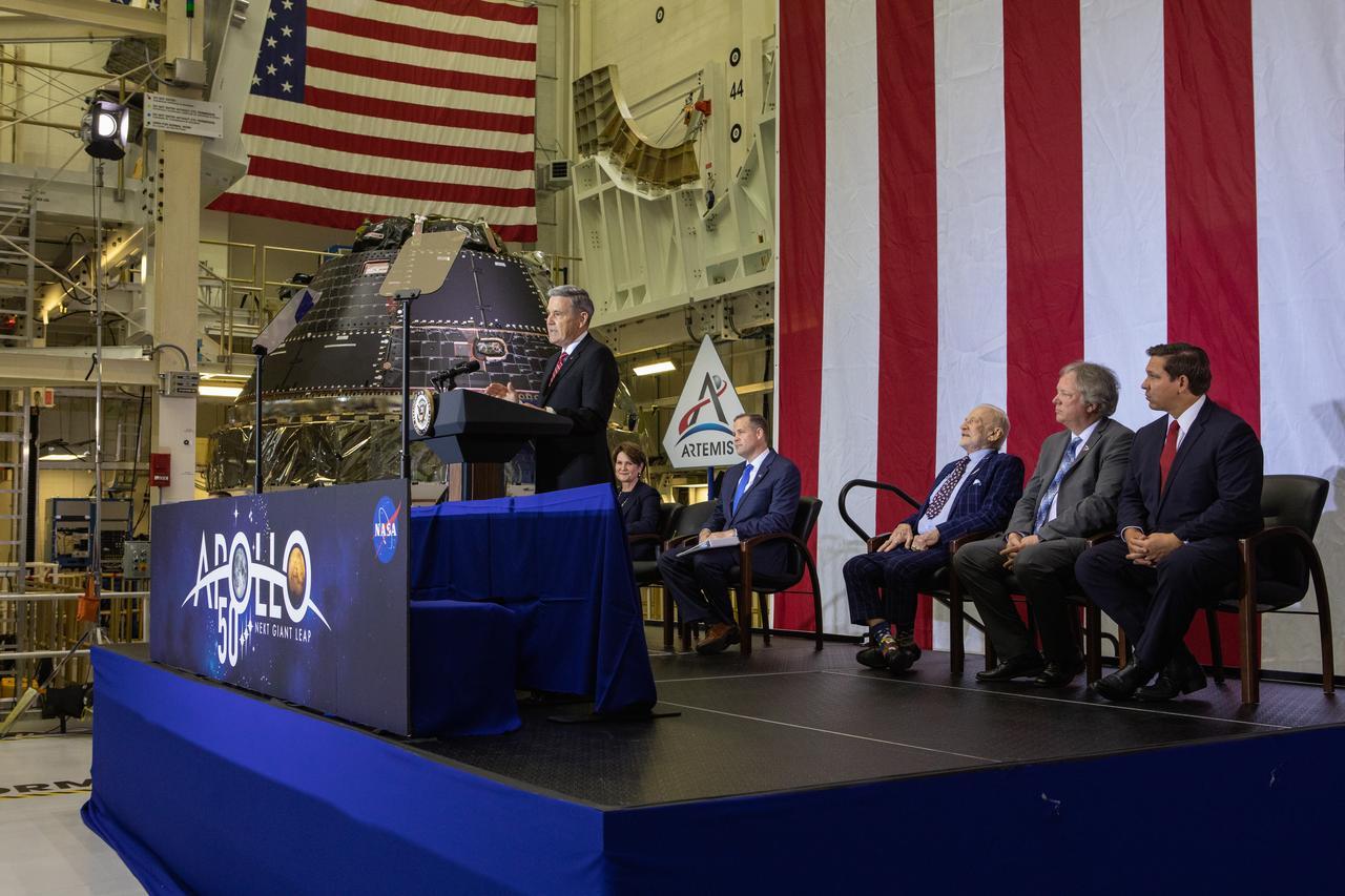 Kennedy Space Center Director Bob Cabana addresses invited guests, elected officials and NASA, Lockheed Martin and other industry leaders at Kennedy Space Center’s Neil Armstrong Operations & Checkout Building on July 20, 2019. Vice President Mike Pence visited the Florida spaceport in honor of the 50th anniversary of the Apollo 11 mission, also spoke about NASA’s progress and future plans to return to the Moon and on to Mars.