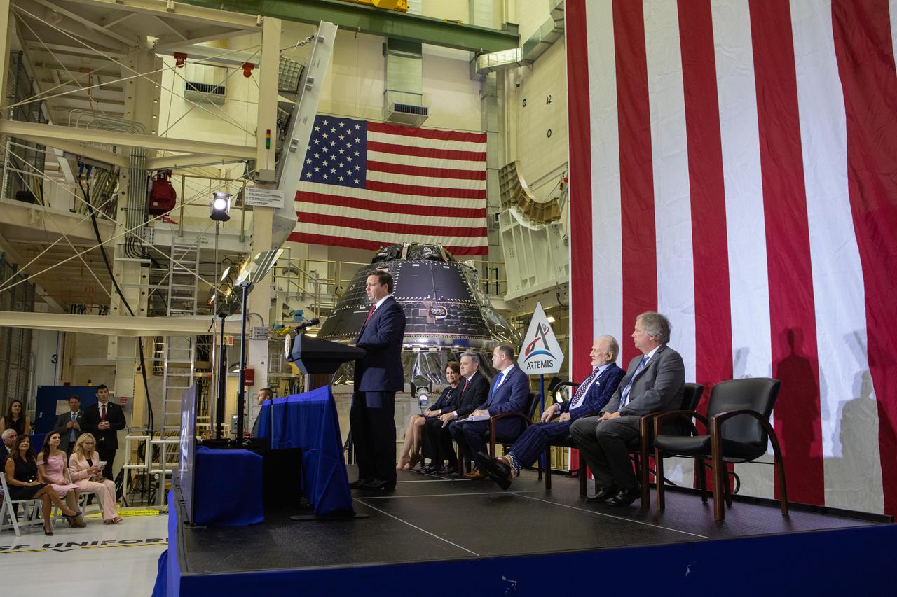Florida Governor RonDeSantis addresses invited guests, elected officials and NASA, Lockheed Martin and other industry leaders at Kennedy Space Center’s Neil Armstrong Operations & Checkout Building on July 20, 2019. Vice President Pence visited the Florida spaceport in honor of the 50th anniversary of the Apollo 11 mission, and also spoke about NASA’s progress and future plans to return to the Moon and on to Mars.