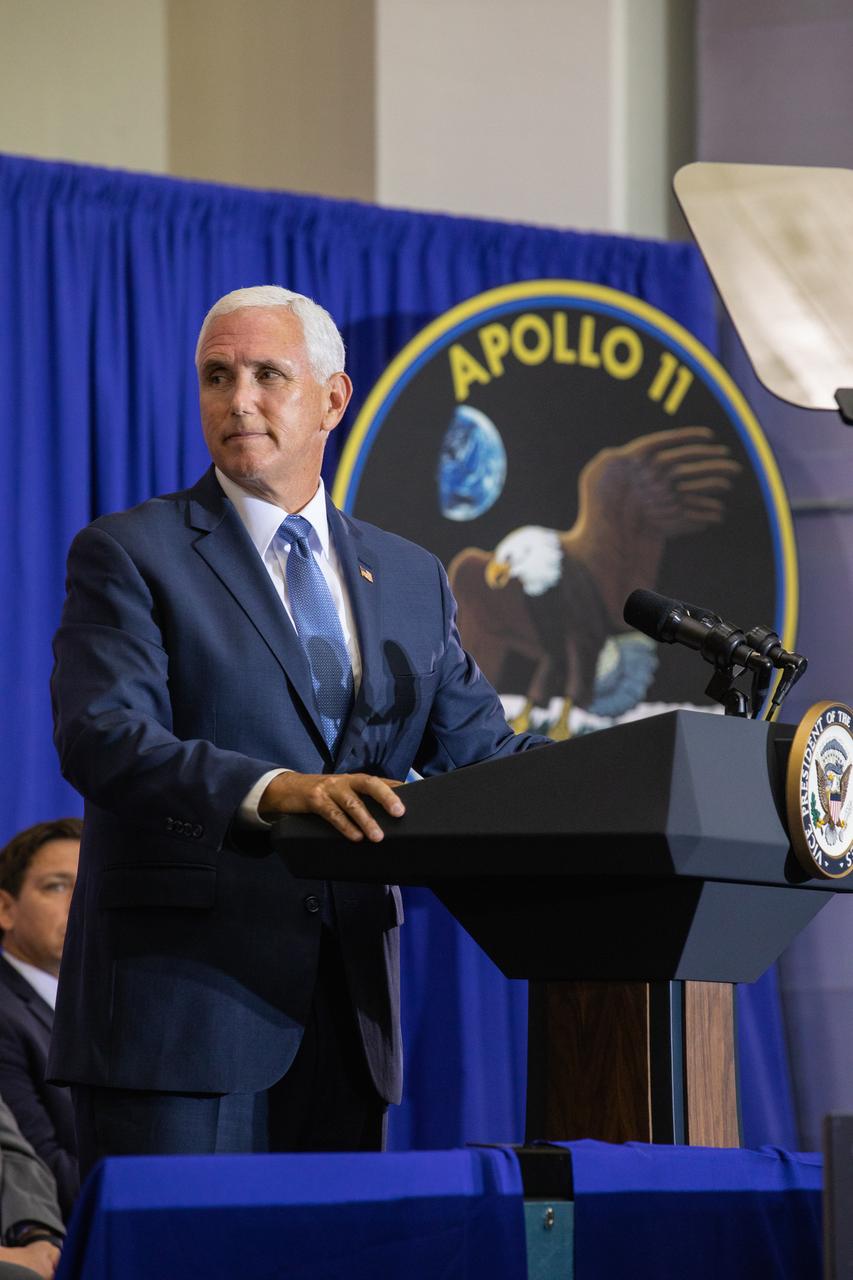 Vice President Mike Pence addresses invited guests, elected officials and NASA, Lockheed Martin and other industry leaders at Kennedy Space Center’s Neil Armstrong Operations & Checkout Building on July 20, 2019. Pence, who visited the Florida spaceport in honor of the 50th anniversary of the Apollo 11 mission, also spoke about NASA’s progress and future plans to return to the Moon and on to Mars.