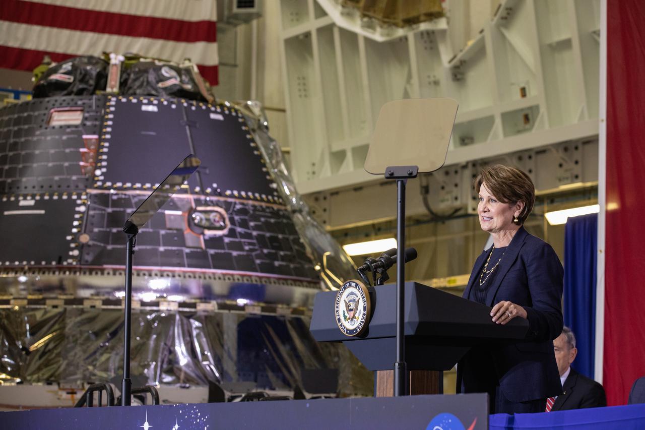 Lockheed Martin Chariwoman, President and CEO Marilyn Hewson addresses invited guests, elected officials and NASA, Lockheed Martin and other industry leaders at Kennedy Space Center’s Neil Armstrong Operations & Checkout Building on July 20, 2019. Vice President Mike Pence visited the Florida spaceport in honor of the 50th anniversary of the Apollo 11 mission, and also spoke about NASA’s progress and future plans to return to the Moon and on to Mars.